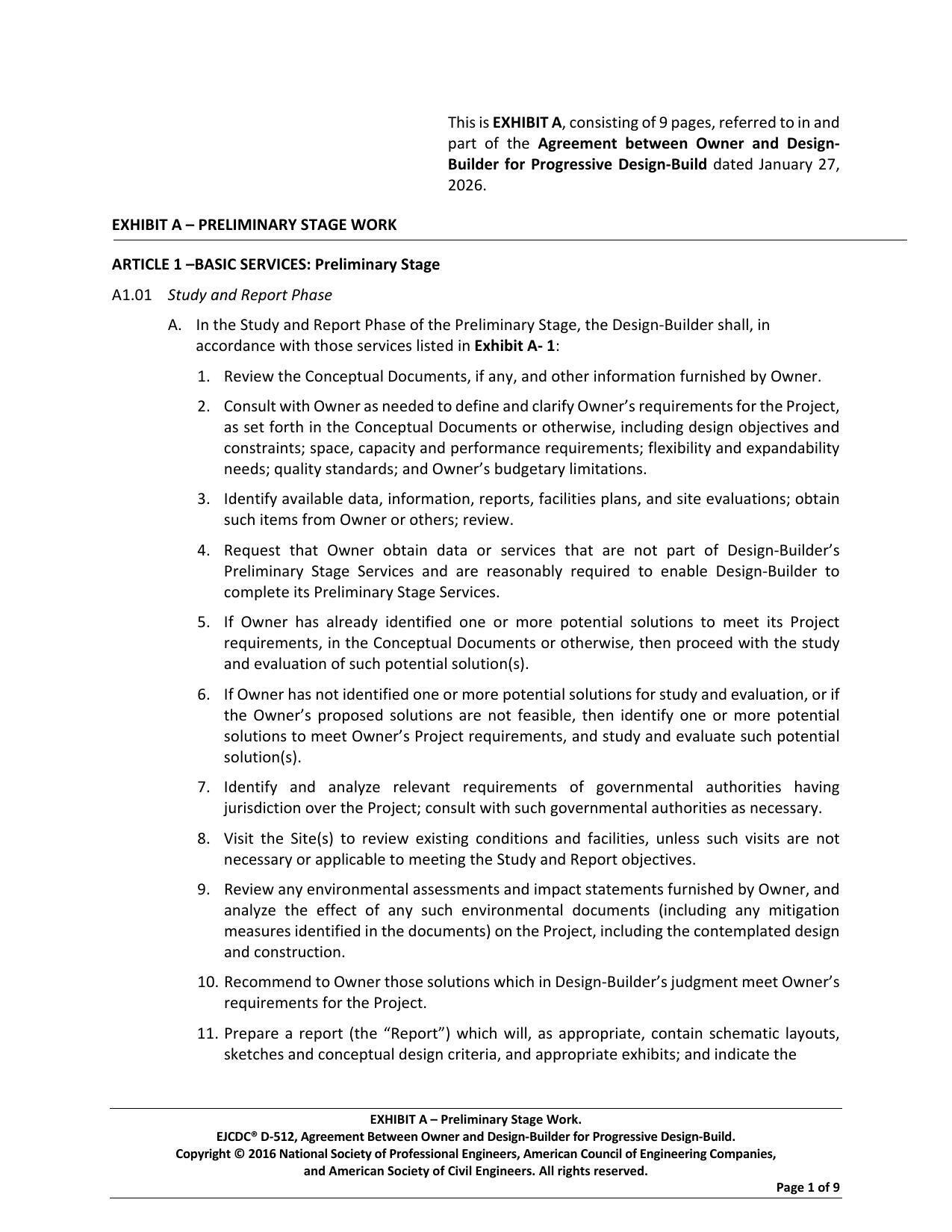 EXHIBIT A — PRELIMINARY STAGE WORK