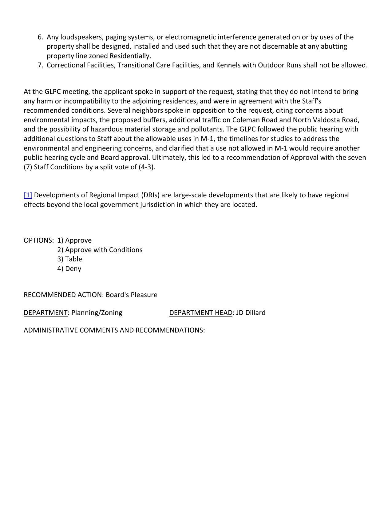 GLPC recommended approval 4:3 with the seven staff-recommended conditions.