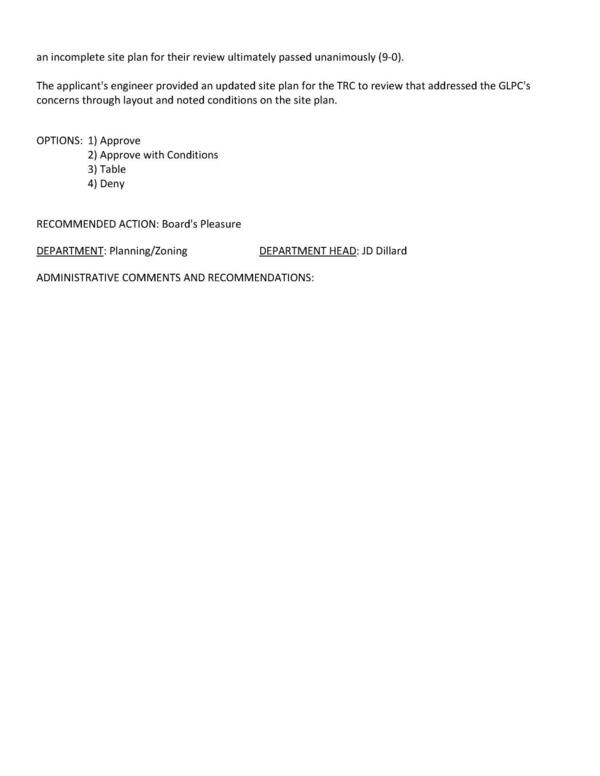 GLPC 9:0 recommended denial because of incomplete site plan. Updated site plan is included here.
