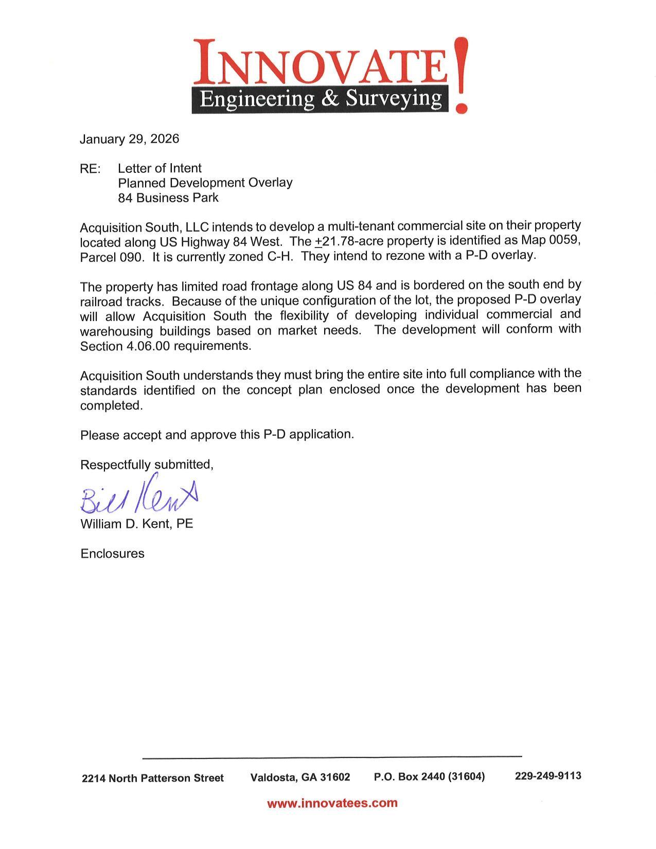 Letter of Intent from William D. Kent, PE