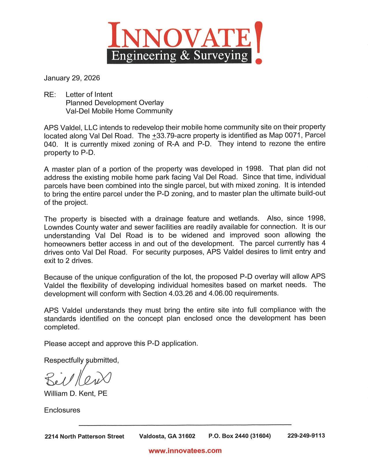 Letter of Intent from William D. Kent, PE