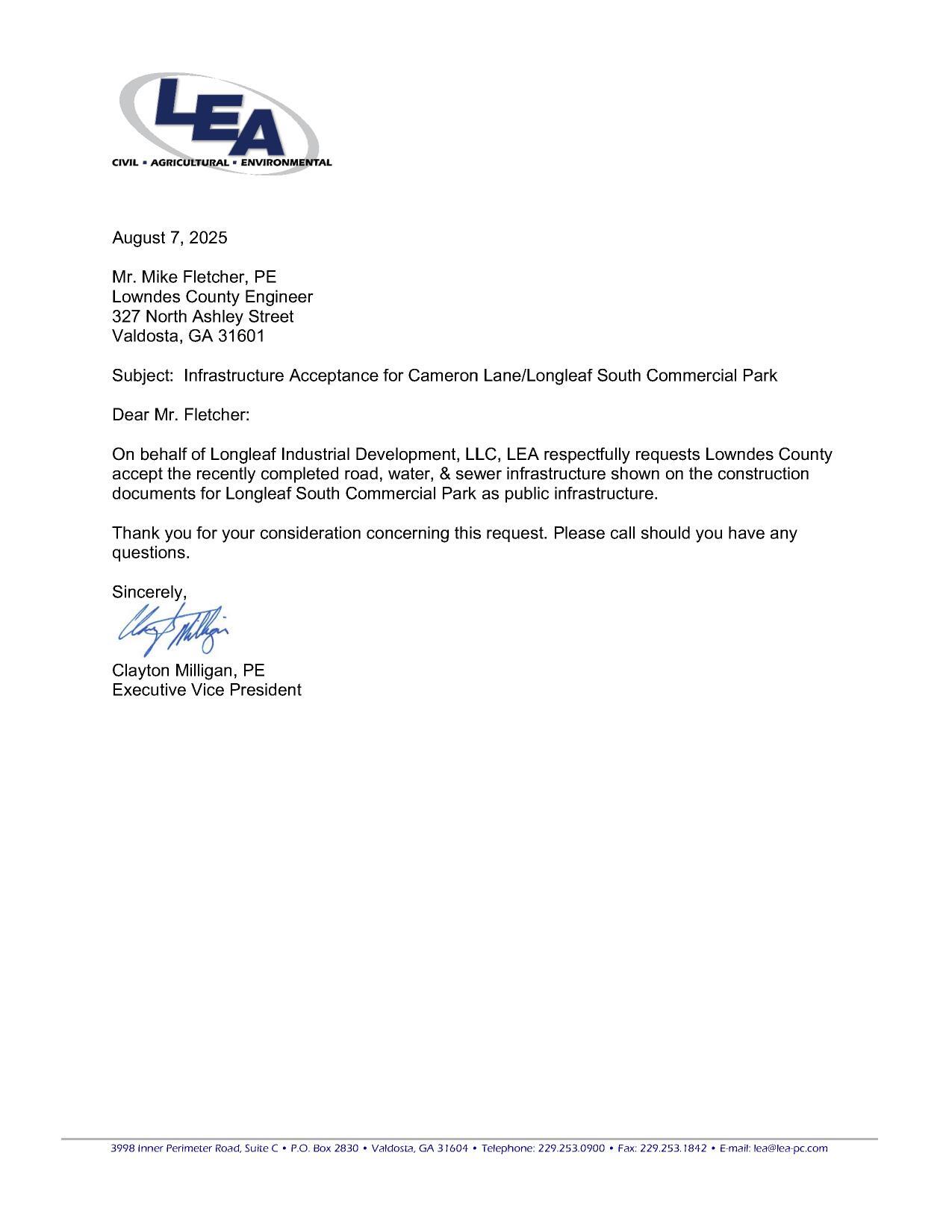 On behalf of Longleaf Industrial Development, LLC, LEA respectfully requests Lowndes County