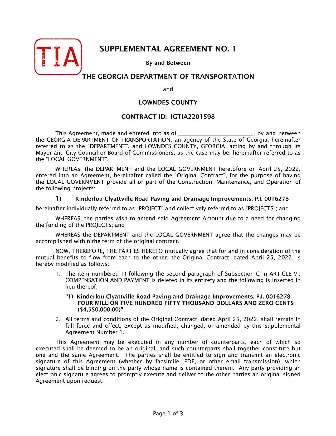 SUPPLEMENTAL AGREEMENT NO. 1, GDOT & Lowndes Co.