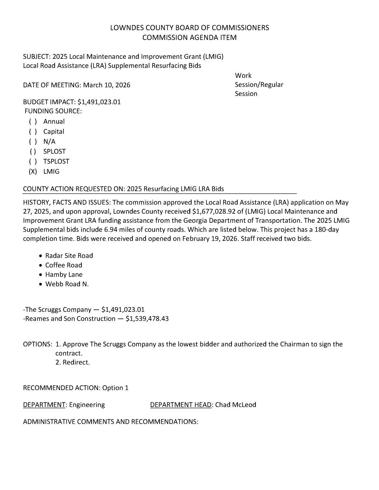 BUDGET IMPACT: $1,491,023.01, Radar Site Road, Coffee Road, Hamby Lane, Webb Road N.