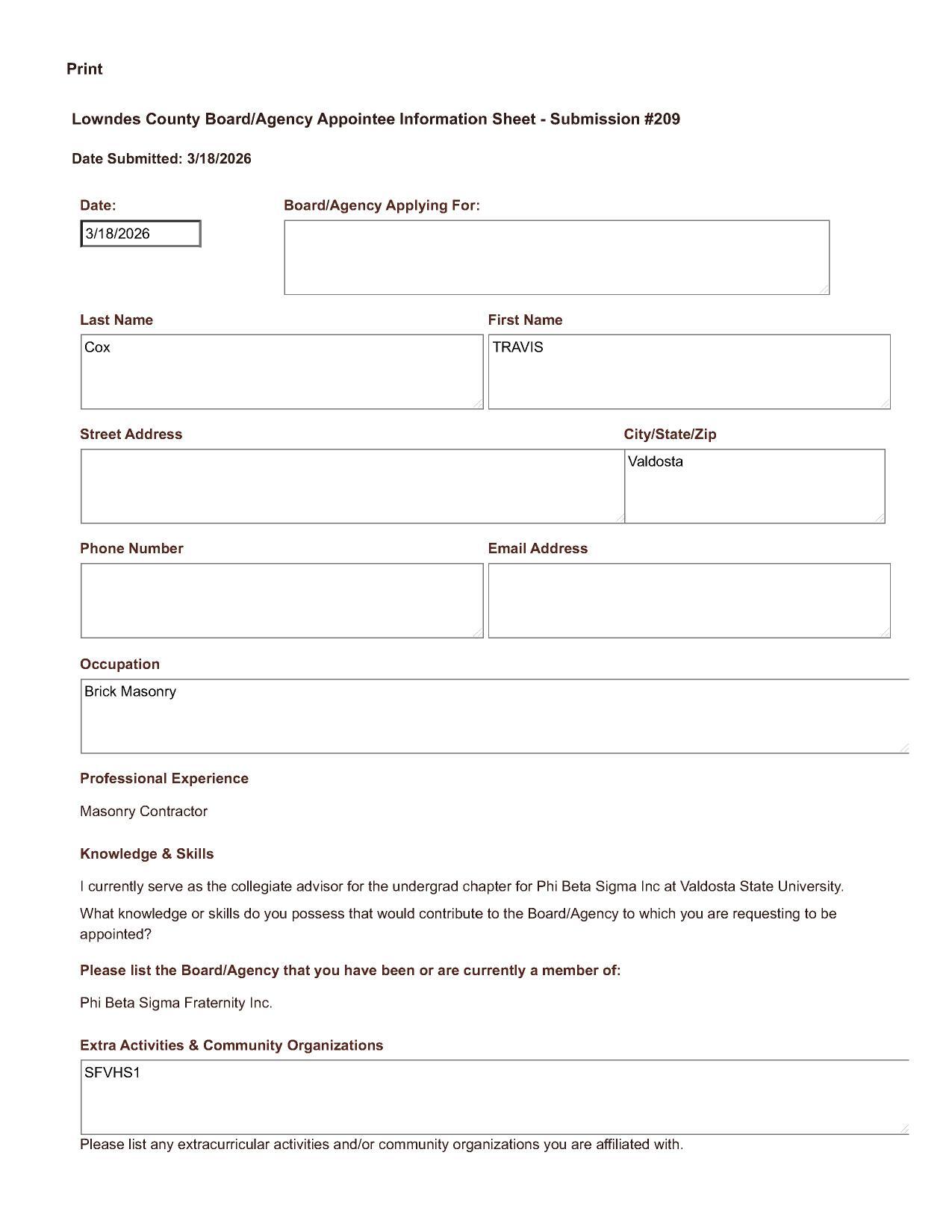 Application of Travis Cox