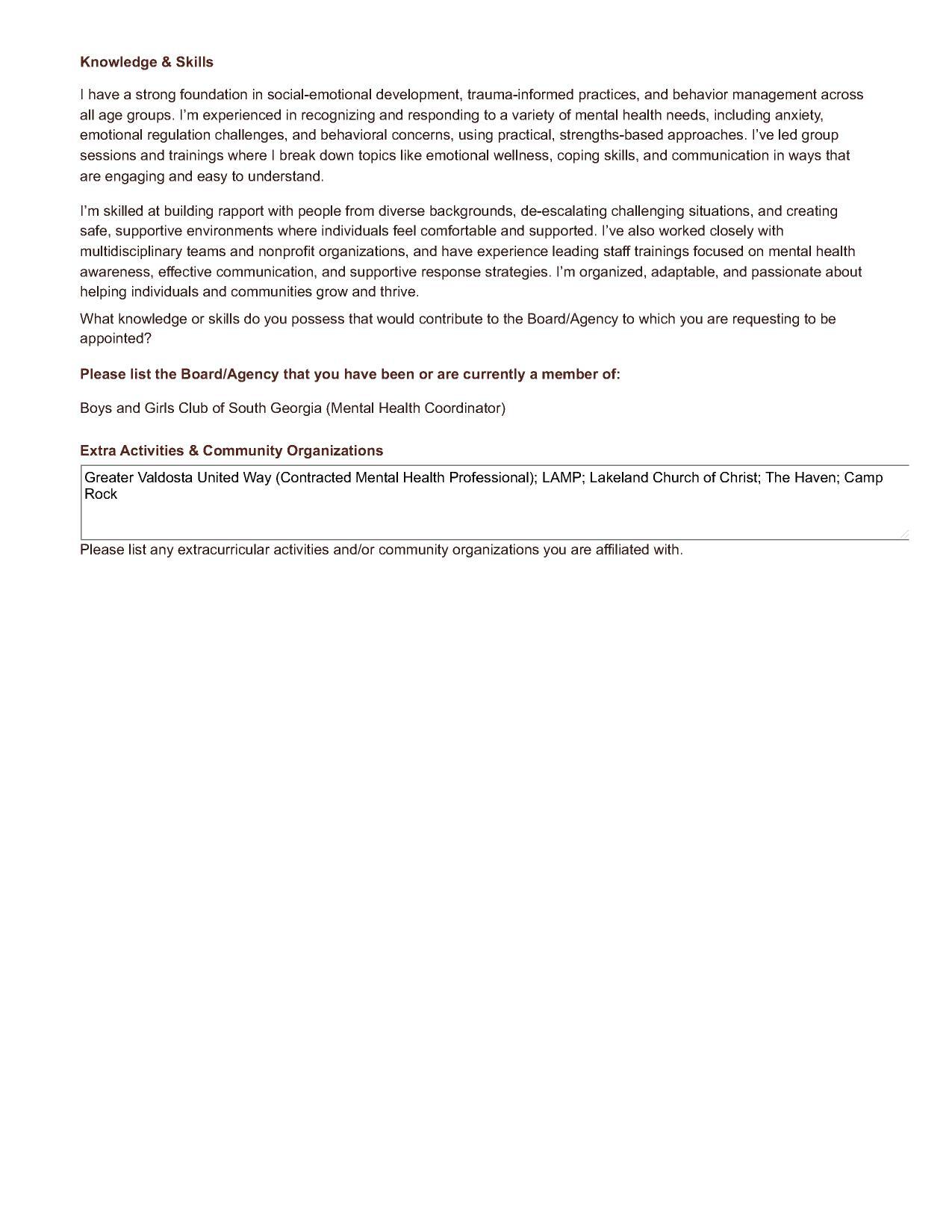 Greater Valdosta United Way (Contracted Mental Health Professional); LAMP; Lakeland Church of Christ; The Haven; Camp