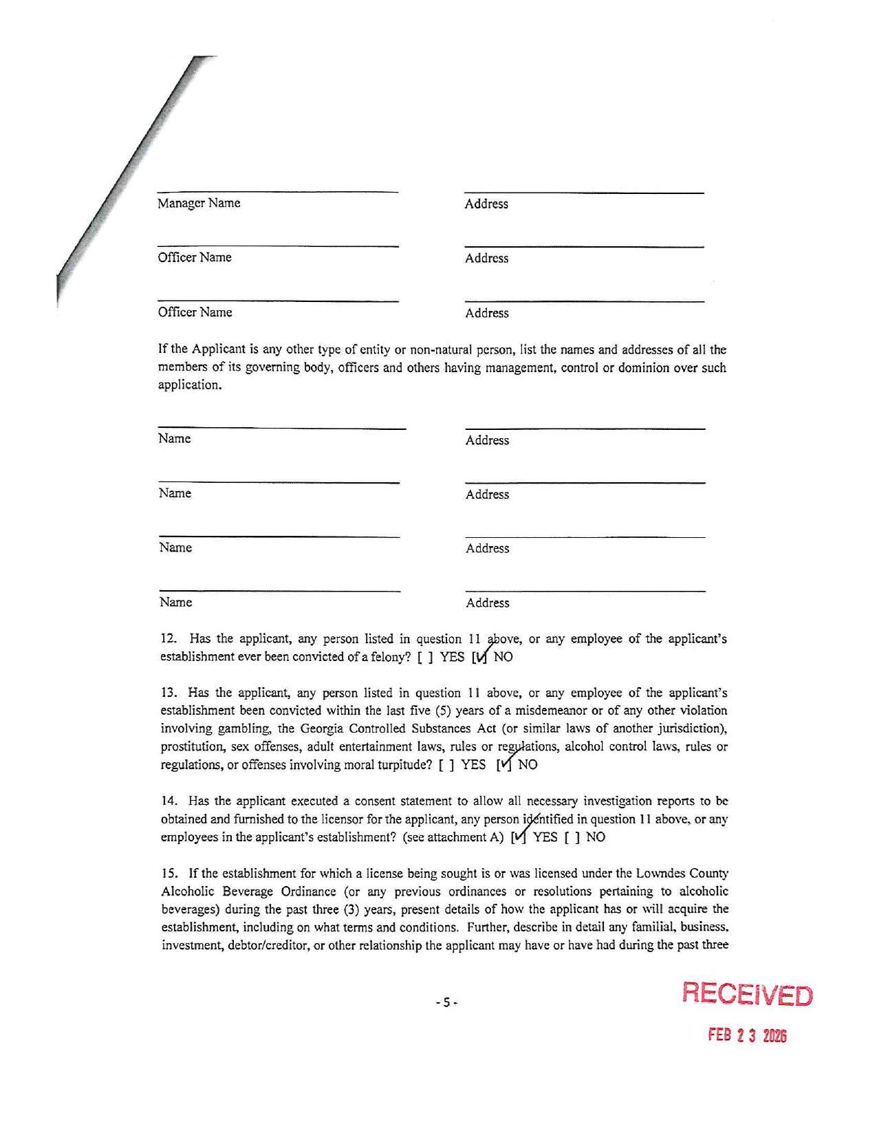 15. If the establishment for which a license being sought is or was licensed under the Lowndes County