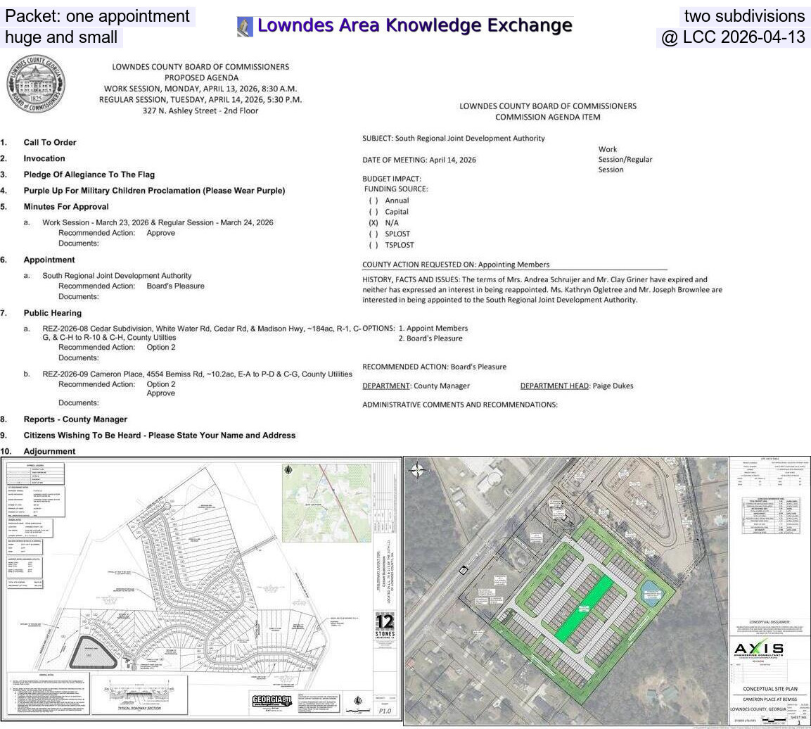 Packet: one appointment, two subdivisions, huge and small, @ LCC 2026-04-13
