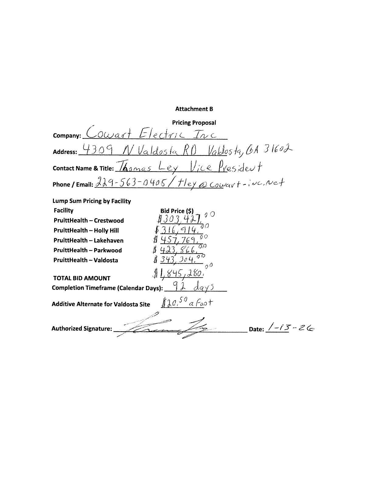 Attachment B Pricing Proposal Cowart Electric Inc.