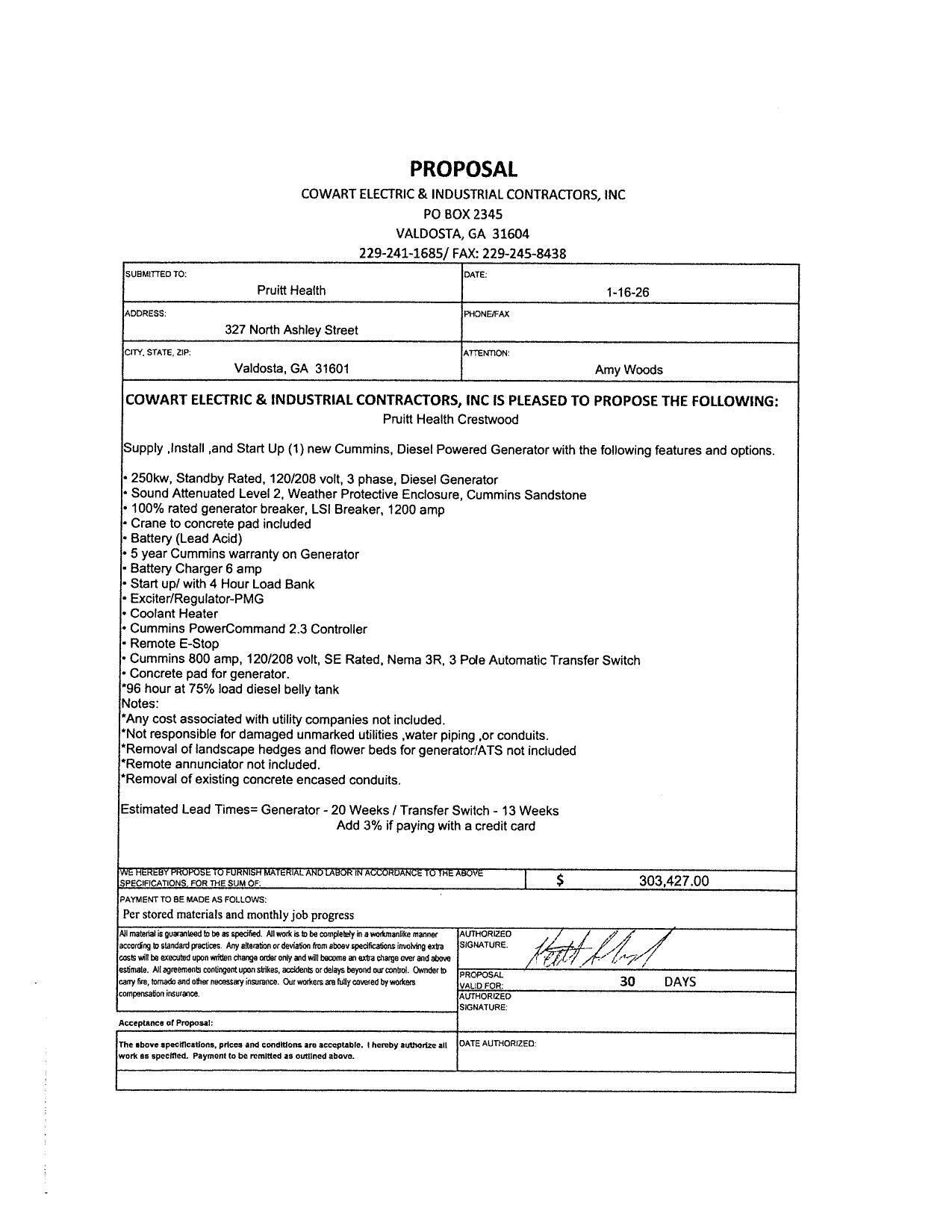 PROPOSAL COWART ELECTRIC & INDUSTRIAL CONTRACTORS, INC