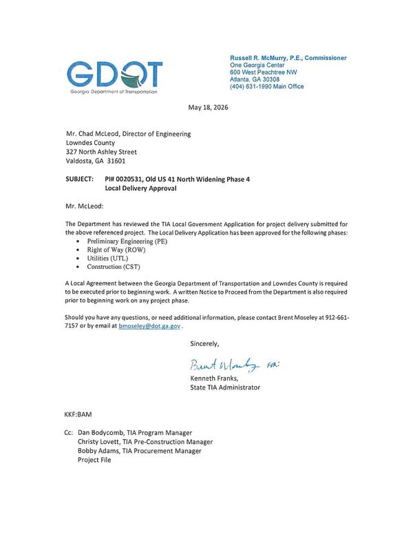 SUBJECT: — PI# 0020531, Old US 41 North Widening Phase 4 Local Delivery Approval