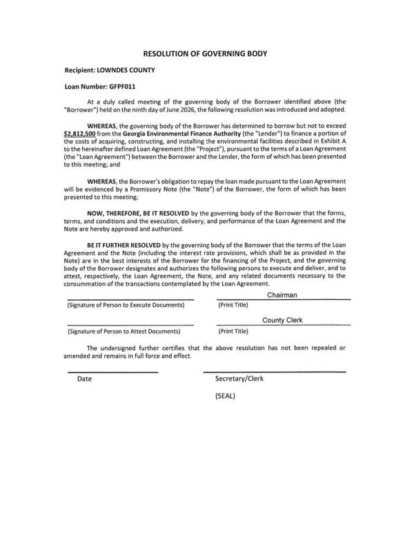 RESOLUTION OF GOVERNING BODY