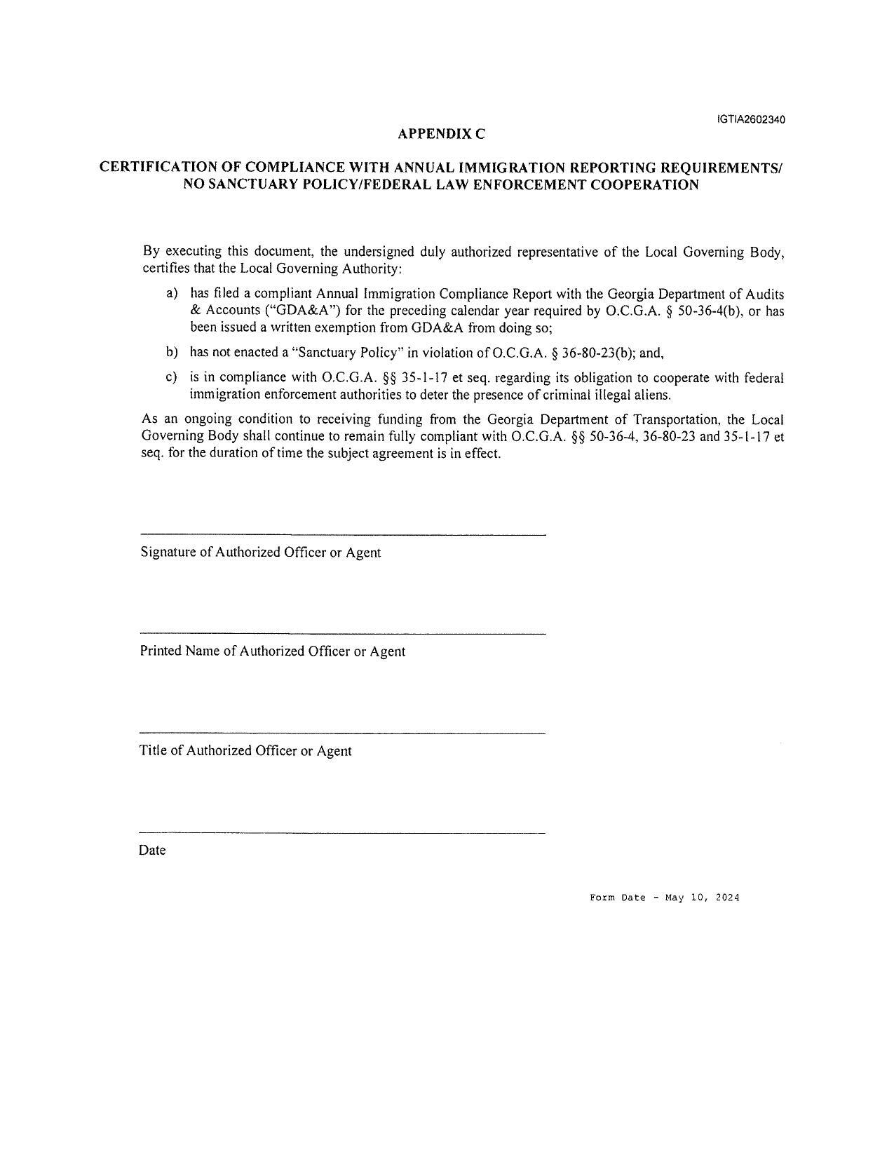 APPENDIX C: CERTIFICATION OF COMPLIANCE WITH ANNUAL IMMIGRATION REPORTING REQUIREMENTS/NO SANCTUARY POLICY/FEDERAL LAW ENFORCEMENT COOPERATION