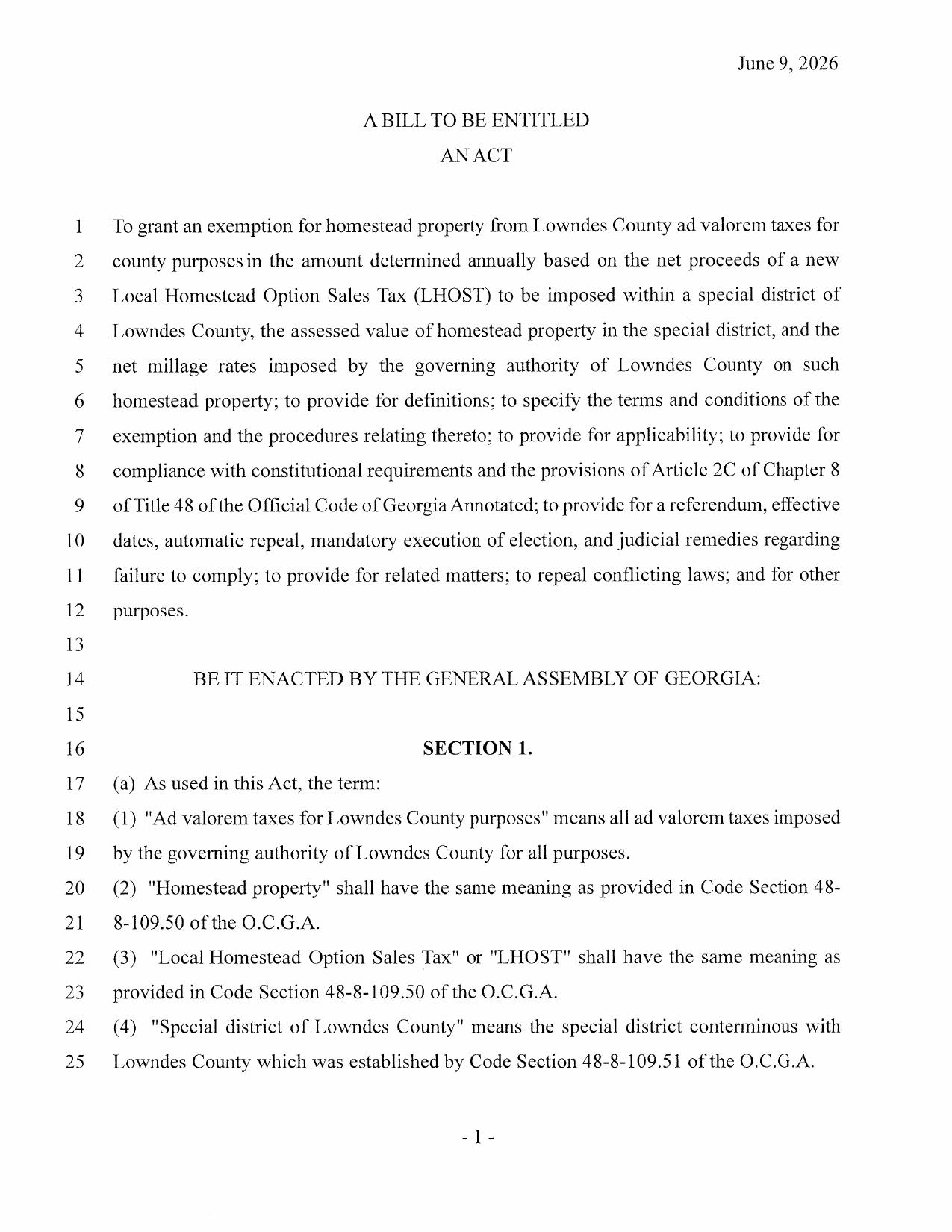 AN ACT To grant an exemption for homestead property from Lowndes County ad valorem taxes for county purposes in the amount determined annually based on the net proceeds of a new Local Homestead Option Sales Tax (LHOST)...