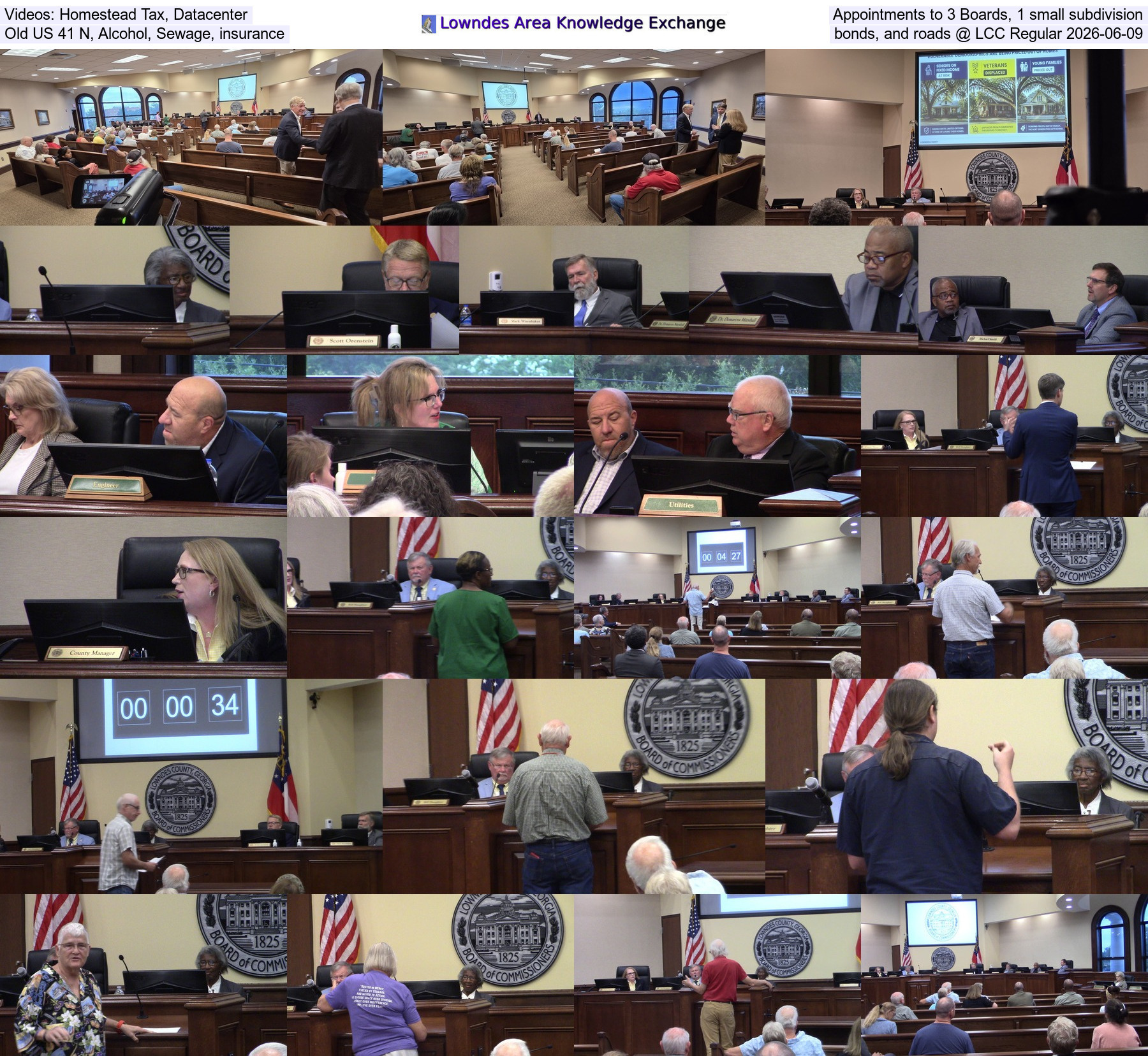 Videos: Homestead Tax, Datacenter, Appointments to 3 Boards, 1 small subdivision, Old US 41 N, Alcohol, Sewage, insurance, bonds, and roads @ LCC Regular 2026-06-09