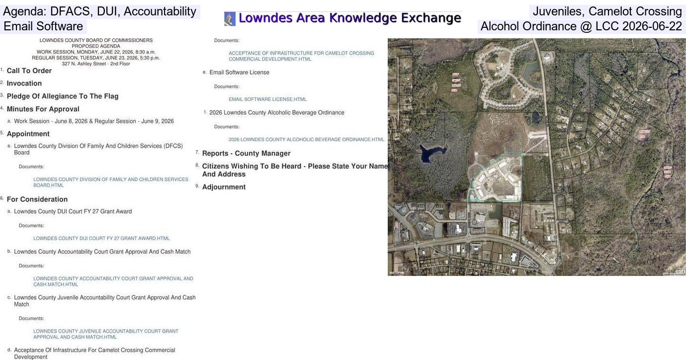 [Agenda: DFACS, DUI, Accountability, Juveniles, Camelot Crossing, Email Software, Alcohol Ordinance @ LCC 2026-06-22]