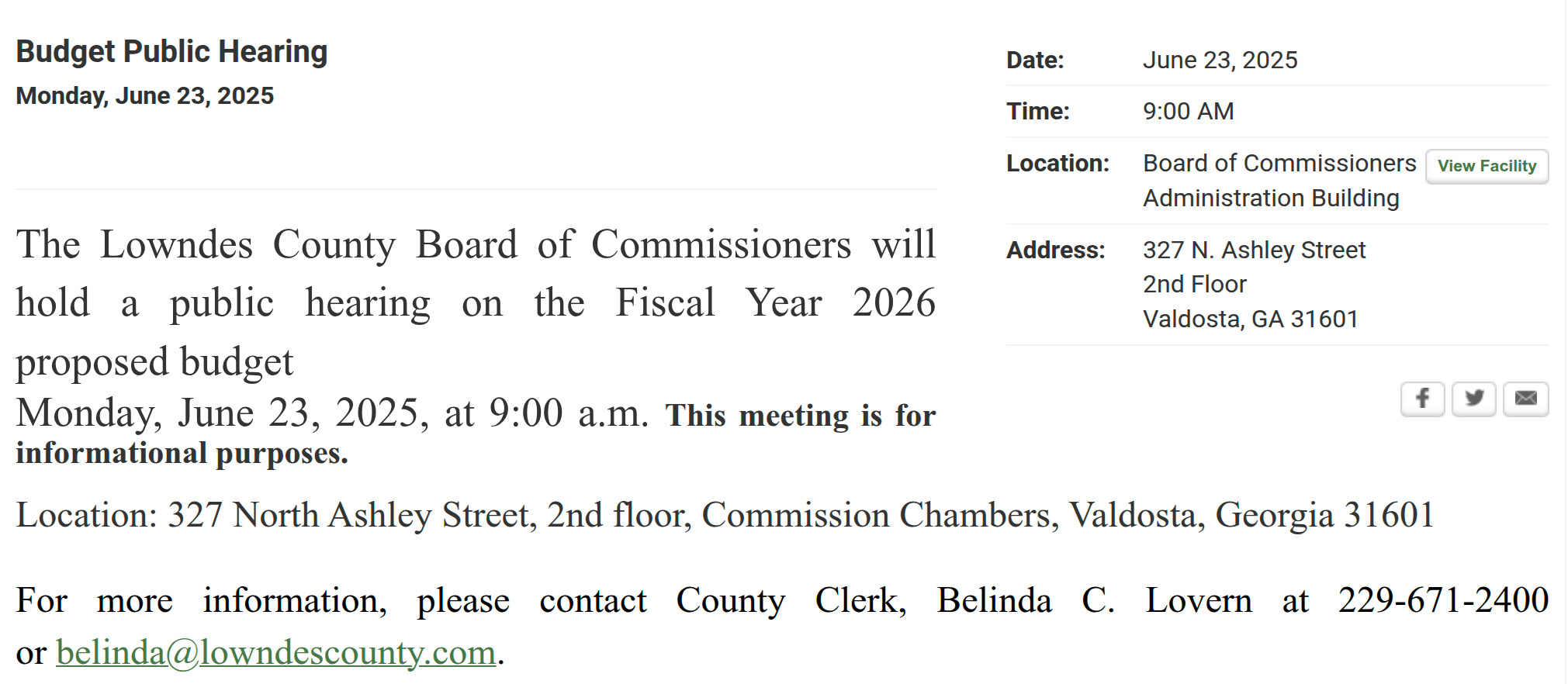 Monday 9:00 AM Budget Public Hearing, 2026-06-22 --Lowndes County Commission