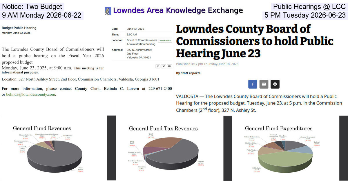 [Notice: Two Budget Public Hearings @ LCC, 9 AM Monday 2026-06-22, 5 PM Tuesday 2026-06-23]