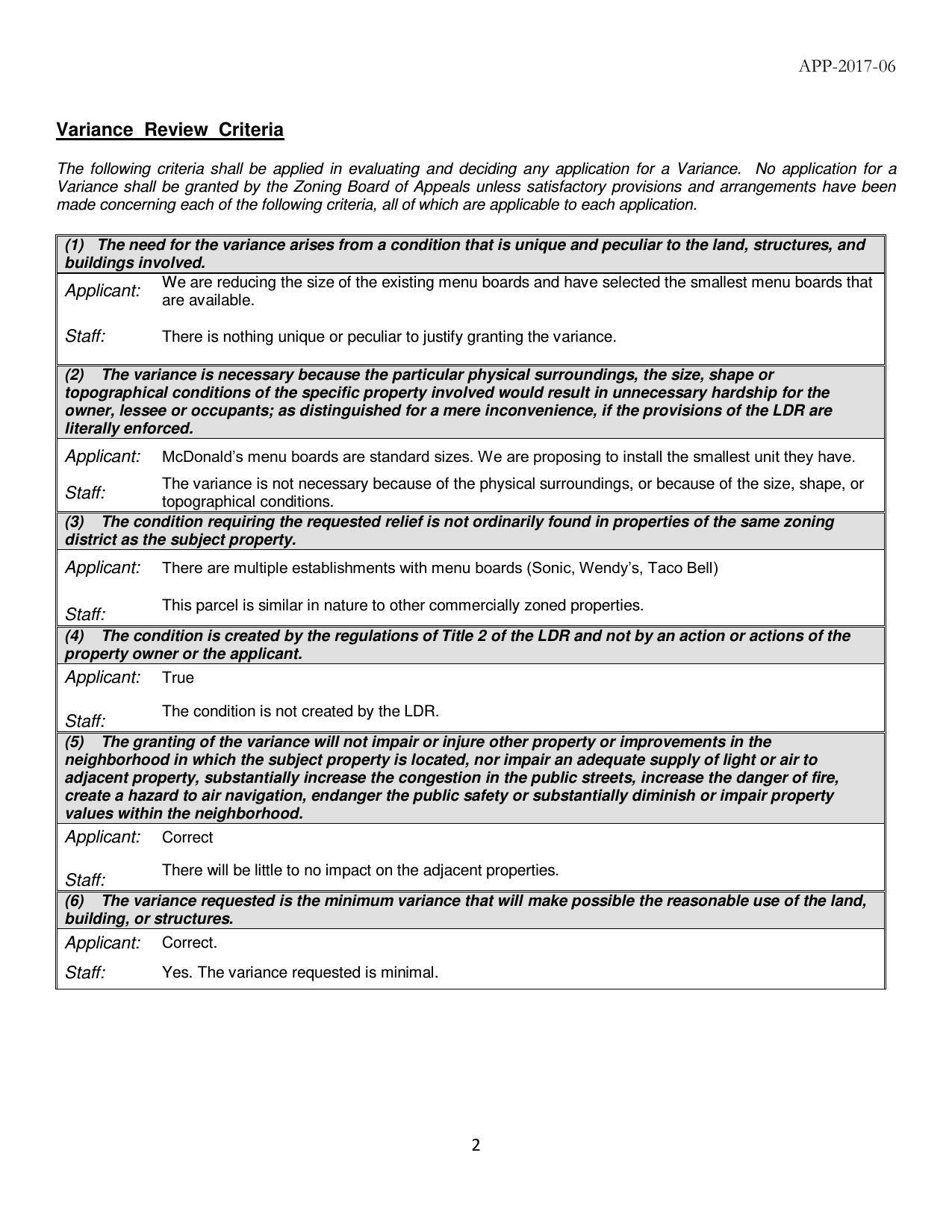 Variance Review Criteria