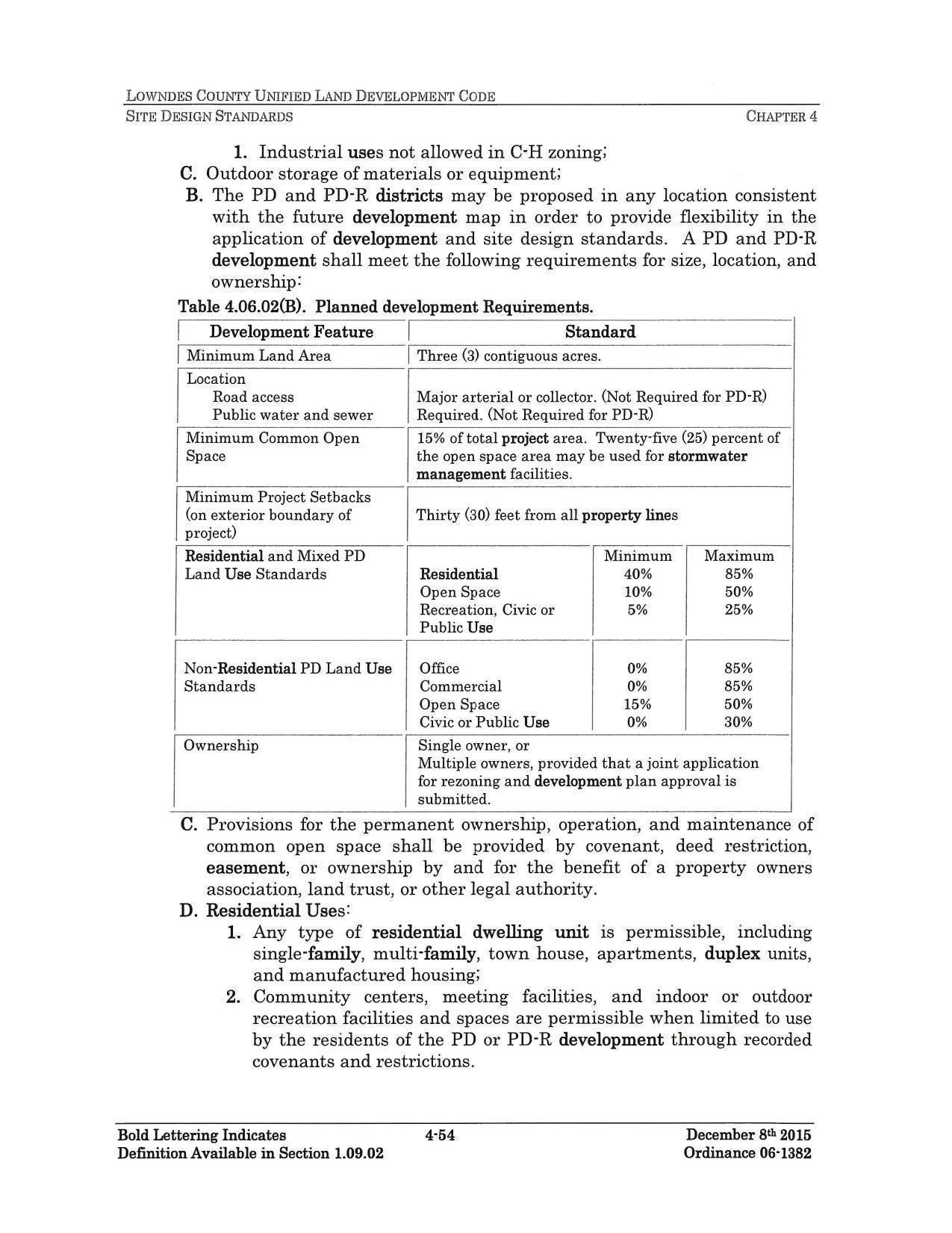 Table of Planned Development Requirements