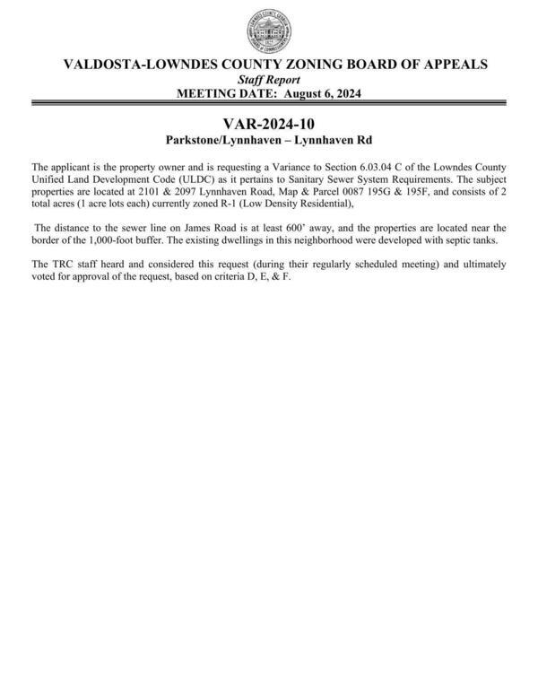 [Request for a Variance to Section 6.03.04 as it pertains to Sanitary Sewer System Requirements.in the R-1 (Low Density Residential) Zoning District. The subject property is located at 2101 and 2097 Lynnhaven Road (all or part of Tax Parcel 0087 195G & 195F).]