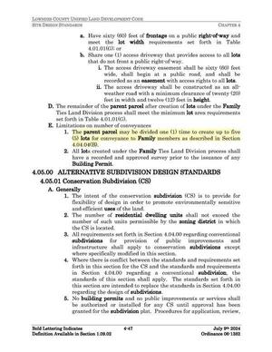 [4.04.04 E. 1. The parent parcel may be divided one (1) time to create up to five (5) lots for conveyance to Family members as described in Section 4.04.04(B).]