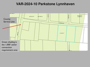 [Map: County Service Line, 1,000' sewer connection requirement area]